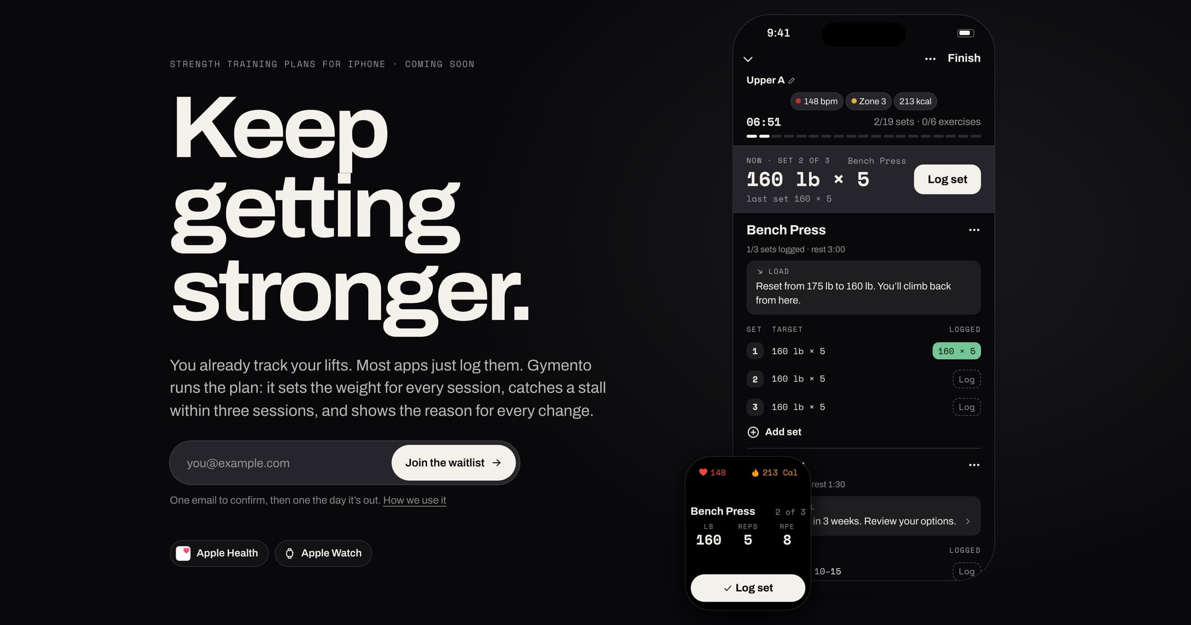Gymento's landing page: “Keep getting stronger.” beside the in-session logger on iPhone and Apple Watch